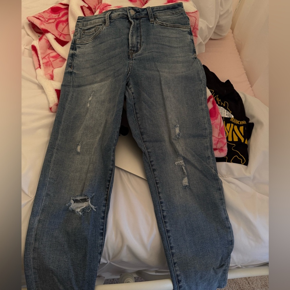Altar'd State Blue Straight Leg Jeans with Distressed Details (worn once)